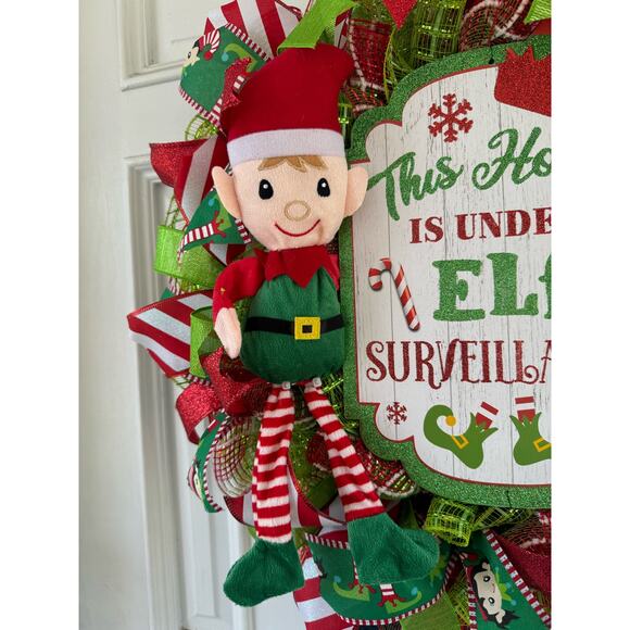 Elf Surveillance Christmas Wreath | Fun Elf Holiday Door Hanger Fireplace Decor - Picture 2 of 9